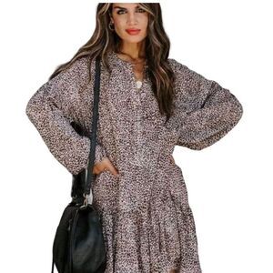 Vici Brown Tan Leopard Cheetah Print Long Sleeve Dress Women’s Size Small Flowy